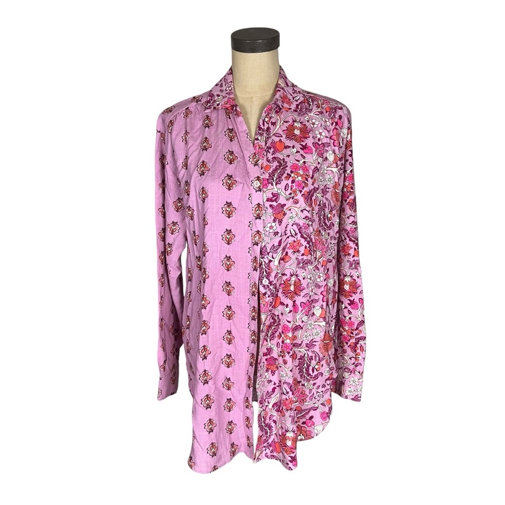 Knox Rose dark pink button up oversized floral tunic shirt M